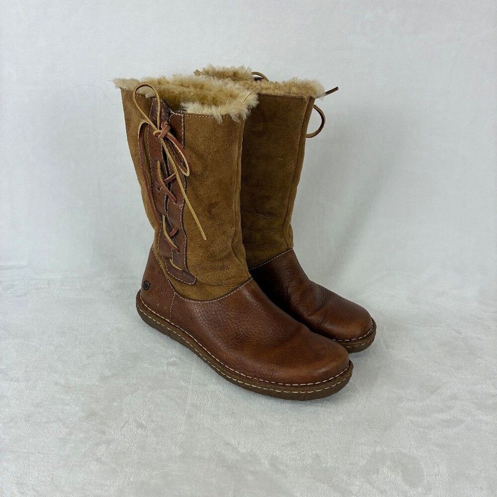 Born Yuma Shearling Lace Up Boot Size 9 Brown Leather Suede Winter Boho Outdoor